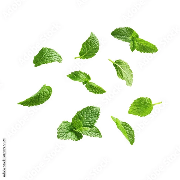 Fototapeta  flying fresh mint leaves isolated on transparent white background, clipping path.