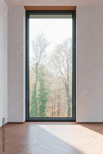Fototapeta Natural light floods a modern room through a large window overlooking a tranquil forest