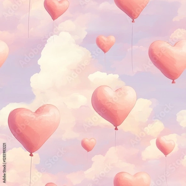 Fototapeta Seamless Heart Shaped Balloons Floating in a Soft Cloudy Sky Pattern
