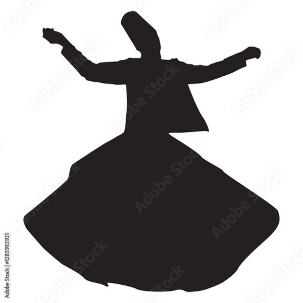 Fototapeta Peaceful sufi dancer dancing calmy isolated over white background editable vector graphic for design purposes.Sufi master dancing in ecstasy silhouette with hands wide spread and spinning.Eps10