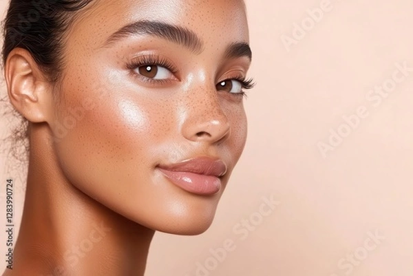 Obraz Minimal makeup portrait with glowing cheeks, high cheekbones, subtle highlights, modern clean beauty aesthetic, and an elegant studio shot for a timeless look.