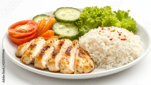 Fototapeta Steamed rice and grilled chicken breast, isolated in a minimalistic setting. 