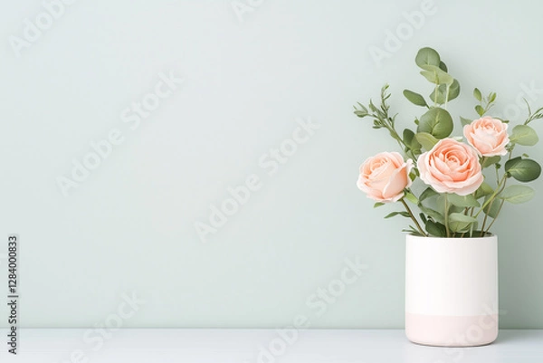 Fototapeta Floral flat lay with a mix of roses, peonies, and eucalyptus leaves, soft pastel color scheme. Leave 30% space for text.