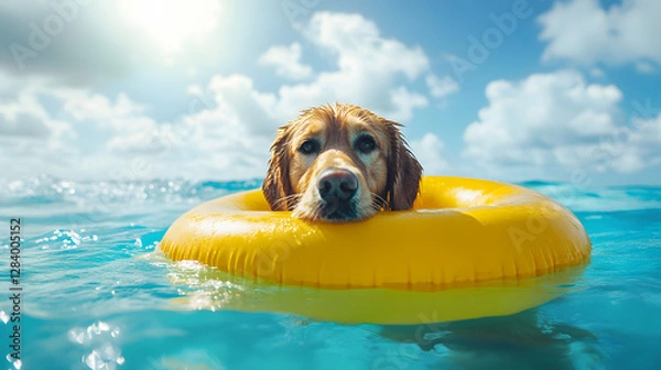 Fototapeta A dog is in a yellow inflatable pool in the ocean