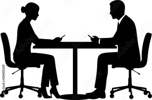 Fototapeta vector silhouette of a man and a woman at a table negotiating on a white background . Generative AI
