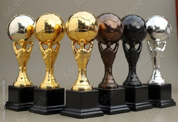 Obraz 3D illustration of Front view of Football Gold Silver and Bronze Trophies on a white background
