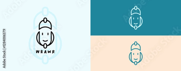 Fototapeta  A distinct logo showcases a playful character wearing a cap, depicted in a minimalist style against contrasting pastel backgrounds. The design emphasizes creativity and modernity.