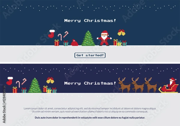 Fototapeta Pixel christmas banners set of Santa Claus dancing near christmas tree, red sock, gift and sweets, Santa riding reindeers on xmas sleigh to wish you happy new year. Two website banners with copy space