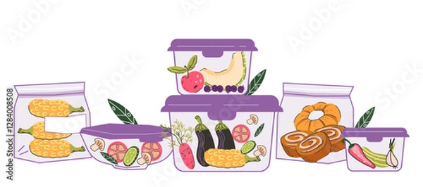 Fototapeta Food in containers for theme of storage, preserving and keeping fresh products, vector illustration isolated on white background. Healthy proper nutrition and reduce food waste.