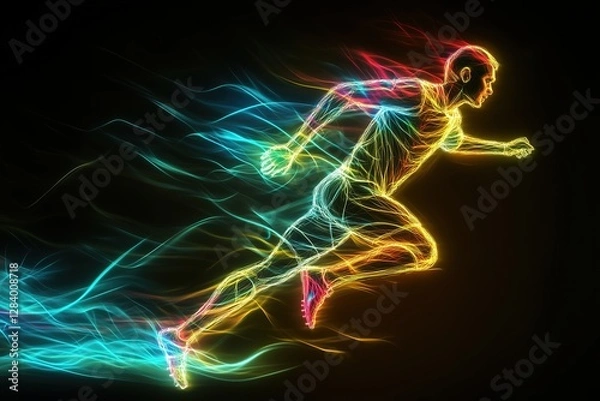 Fototapeta  A stunning depiction of a person running, created with glowing neon lines symbolizing energy, speed, and movement