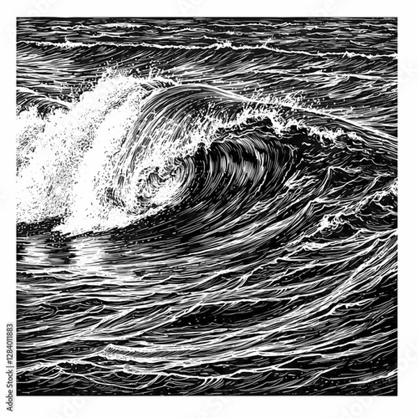 Fototapeta Dramatic Ocean Wave with Swirling Foam, Showcasing the Power and Beauty of the Sea, Black and White Sketch Engraving, Scratch Board Imitation, Raster Illustration