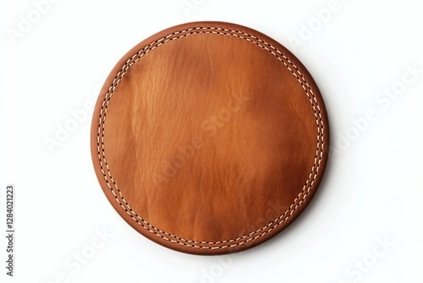 Fototapeta Round Brown Leather Object with Visible Light-Colored Stitching and Textured Grainy Surface Showcasing Quality Craftsmanship