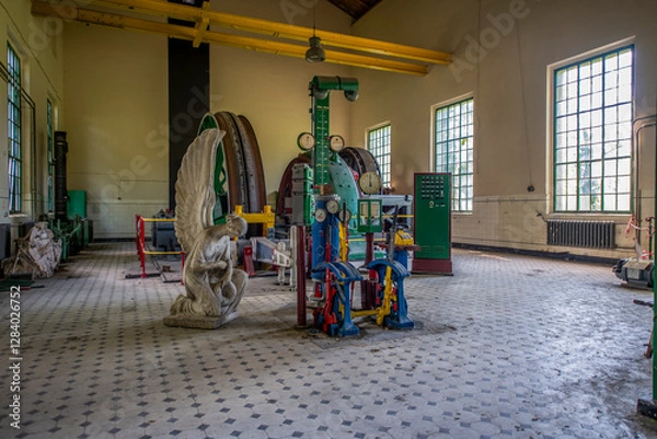 Fototapeta Abandoned Historic Industrial Mine in Silesia with a Unique Colorful Hoisting Machine