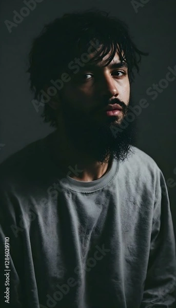 Obraz Serious Young Man with Beard in Dark Background