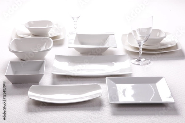 Obraz plate set on a white tablecloth, tableware 