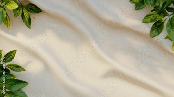 Fototapeta A luxurious silk and satin fabric backdrop with flowing green leaves, smooth textures, and a soft, shiny design, creating an elegant and colorful wave of nature and style