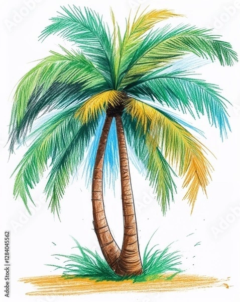 Fototapeta palm tree child like drawing on a white background crayon art whimsical youthful hand drawn cartoon