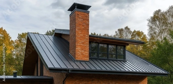 Obraz Brick chimney on the roof of a modern house surrounded by trees