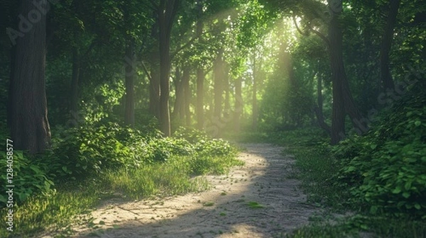 Fototapeta Sunlit forest path with lush greenery and dappled light through trees