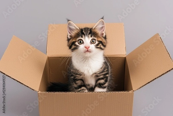 Fototapeta A curious kitten peeks out from a cardboard box, showcasing its playful nature and adorable features against a neutral background.