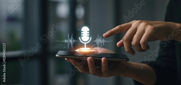 Obraz Hand using mobile voice command virtual assistant smart AI technology communication futuristic microphone icon digital interaction