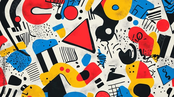 Fototapeta Memphis-style pattern featuring bold geometric shapes, vibrant primary colors, and playful abstract doodles