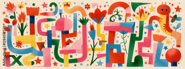 Fototapeta Vibrant abstract illustration featuring geometric shapes, floral motifs, and a whimsical, joyful design.