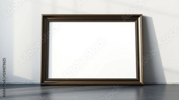 Fototapeta An ornate bronze frame rests on a floor against a white wall, catching sunlight, providing a sense of calm.