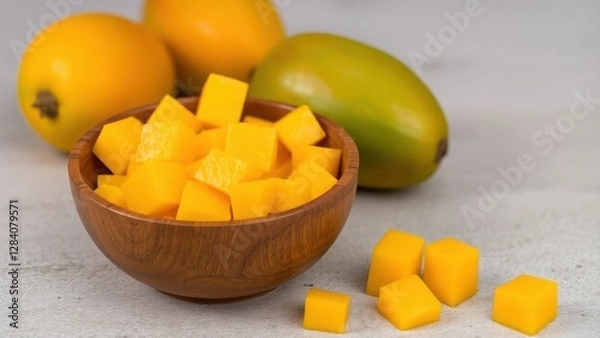 Fototapeta a wooden bowl filled with freshly cut mango cubes, with whole mangoes in the background and a few mango cubes placed on a textured surface.