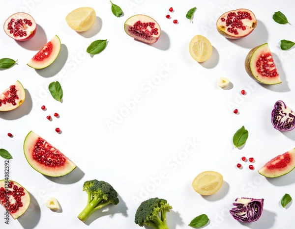 Fototapeta Vibrant Fruit and Vegetable Flatlay: A Summery, Healthy Composition