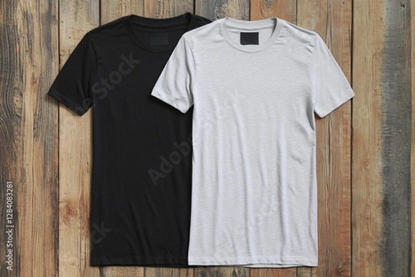 Obraz Black and white t-shirts on a rustic wooden background.