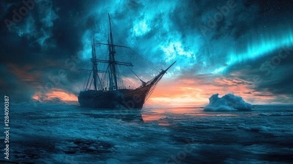 Fototapeta A tall sailing ship sails under a vibrant aurora borealis