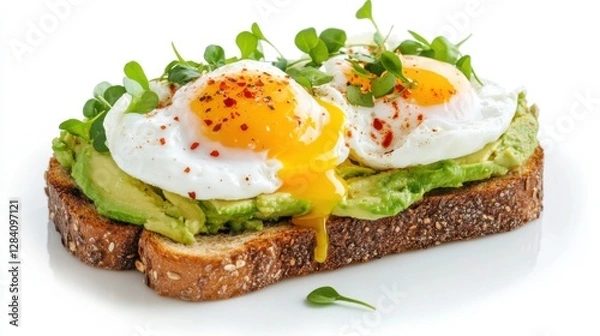 Fototapeta Delicious Avocado Toast with Poached Eggs and Fresh Microgreens