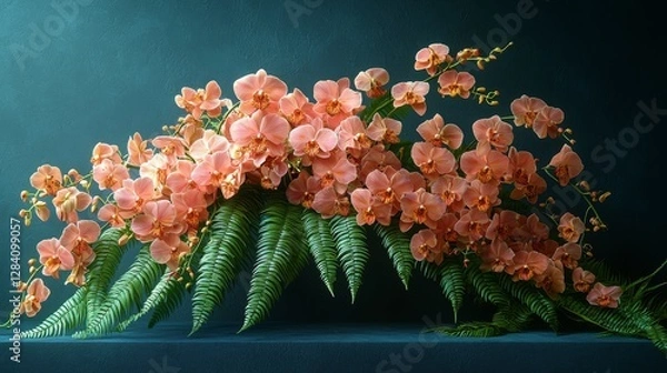 Fototapeta Floral arrangement displaying elegant orchids and ferns indoor studio photography calm atmosphere close-up view