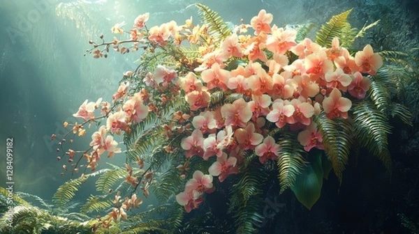 Fototapeta Blooming orchids and ferns in a serene forest setting nature photography peaceful environment vibrant colors