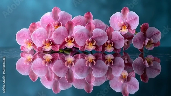 Fototapeta Vibrant pink orchids in reflection serene setting floral art nature close-up beauty of nature