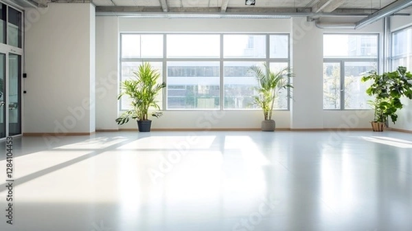 Fototapeta Bright and airy indoor space with natural light and tropical plants : Generative AI