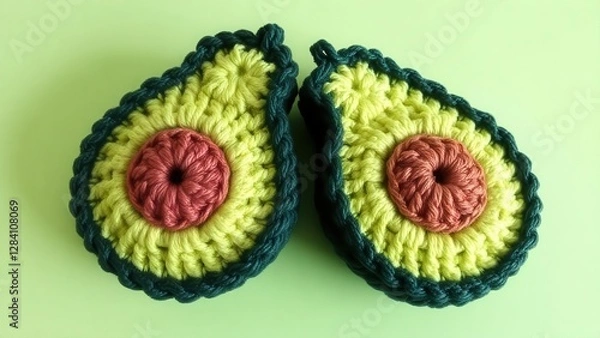 Fototapeta two crocheted avocado halves with detailed textures and vibrant colors, set against a green background