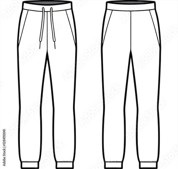 Fototapeta Flat activewear fashion unisex trouser joggers jeans cargo pants apparel front and back views, CAD design, mock-up, template, vector, clothing, technical drawing, fashion, illustration, line art.