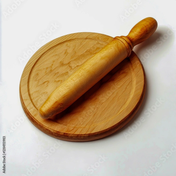 Fototapeta Rolling pin with round Rolling board against a white background