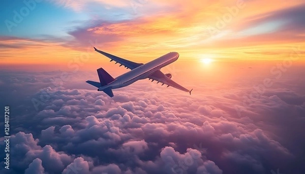 Obraz Airplane soaring through clouds at sunset