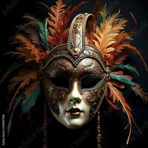 Fototapeta Elegant Venetian Mask with Feathers and Gold Accents