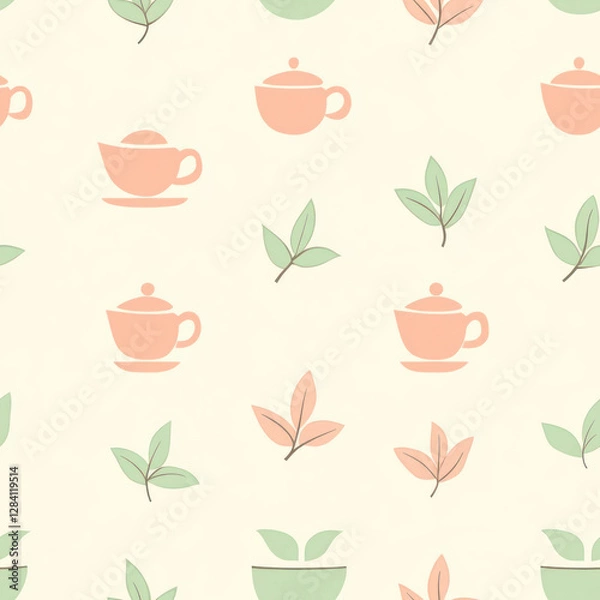 Obraz Pastel teacups, tea leaves pattern, background design, website use