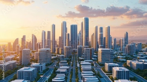 Fototapeta A vibrant city skyline featuring modern skyscrapers, lush greenery, and a beautiful sunset backdrop, showcasing urban development and architectural innovation.