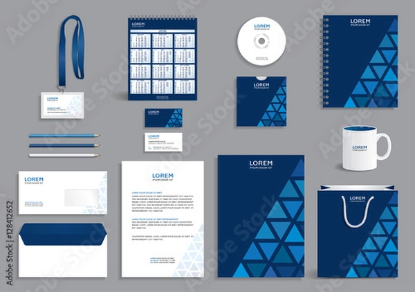 Obraz Corporate identity design mock-up, business stationery set template with blue triangles pattern