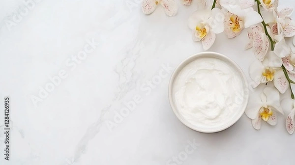 Fototapeta Luxurious skincare cream in a bowl surrounded by beautiful white orchids on marble : Generative AI