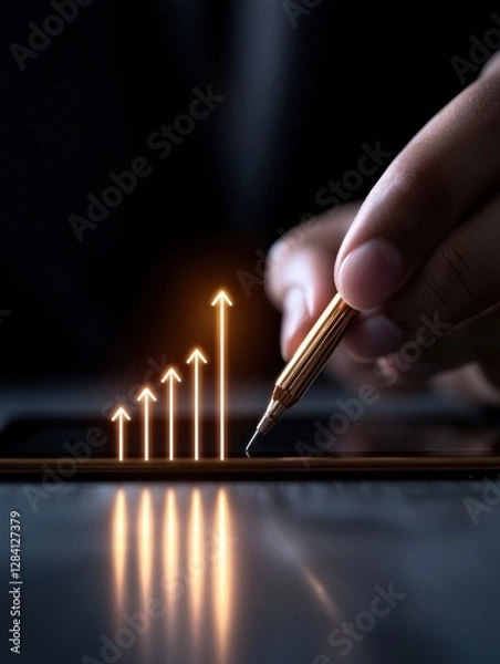Fototapeta A hand drawing rising arrows on a smartphone screen, symbolizing growth and success.