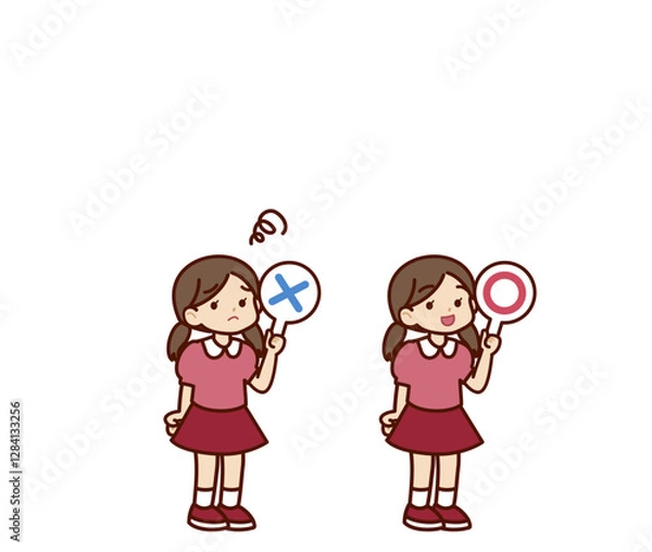 Fototapeta マルバツの札を持っている女の子のイラスト