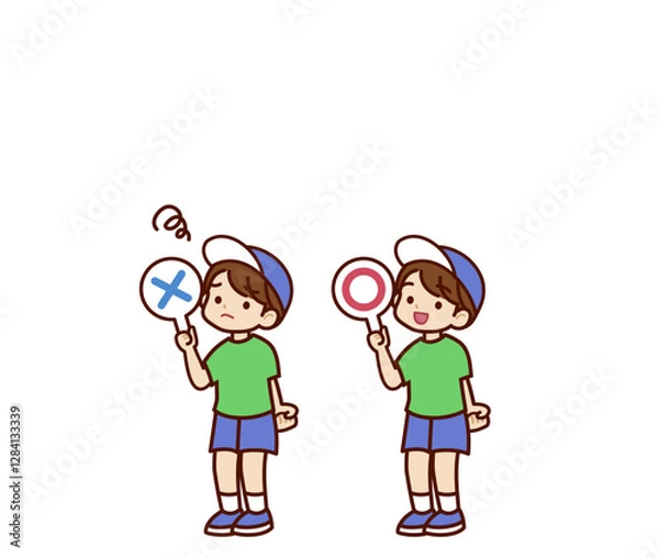 Fototapeta マルバツの札を持っている男の子のイラスト