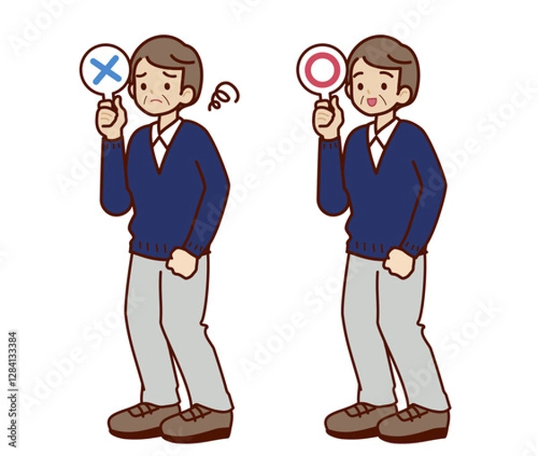 Fototapeta マルバツの札を持っている高齢男性のイラスト